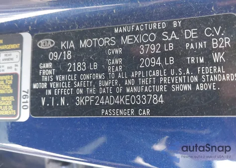 2019 Kia Forte Lxs from USA, damaged, VIN 3KPF24AD4KE033784